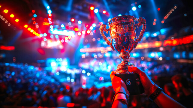 View on Hand shoew winner trophy with background e-sport contect stadium which have vibrant spotlight,