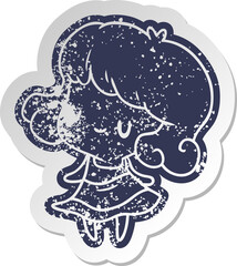 distressed old cartoon sticker kawaii of cute girl