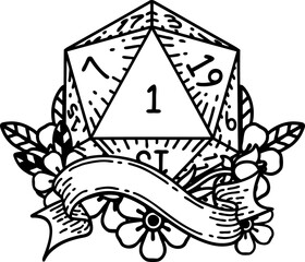 Black and White Tattoo linework Style natural one d20 dice roll