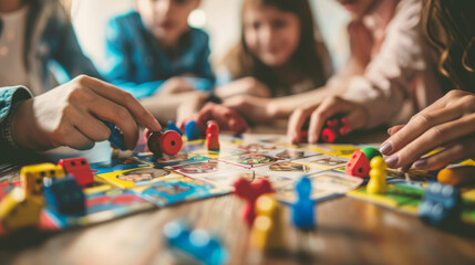 Friends gather around a colorful board game, engaging in a playful match with tokens and dice - obrazy, fototapety, plakaty