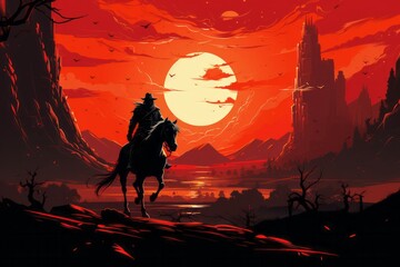 A man, possibly a gallant prince, is riding on the back of a majestic horse as they move next to the setting sun. The scene exudes a sense of courage and adventure - obrazy, fototapety, plakaty