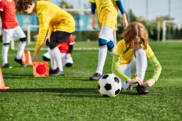 A group of young children wearing colorful jerseys are energetically playing a game of soccer in a field. They are running, kicking the ball, and cheering with excitement. - 775907363