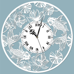 Illustration of a clock with koi fish, lotus, laser cutting - obrazy, fototapety, plakaty