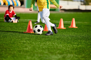 A determined young boy practices dribbling a soccer ball around cones on a sports field, showcasing his agility and precision in each kick. 