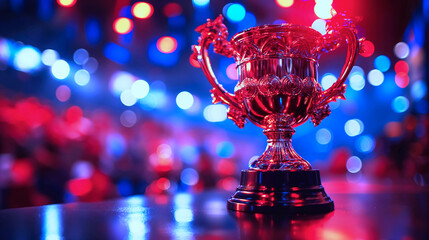 Trophy show on the table with blur bokeh light background futuristic e-sport stadium , picture have space for copy