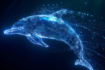 Illuminated wireframe-based visualization set against a luminous translucent backdrop, showcasing the elegance of a dolphin, perfect for modern design and marine-themed projects - obrazy, fototapety, plakaty