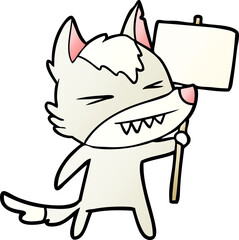 angry wolf cartoon with placard