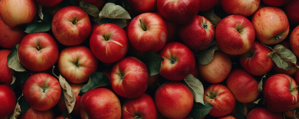 Red apples. Wide organic apple banner background
