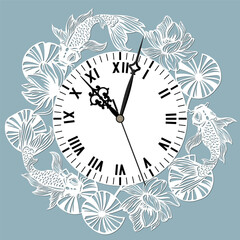 Illustration of a clock with koi fish, lotus, laser cutting - obrazy, fototapety, plakaty