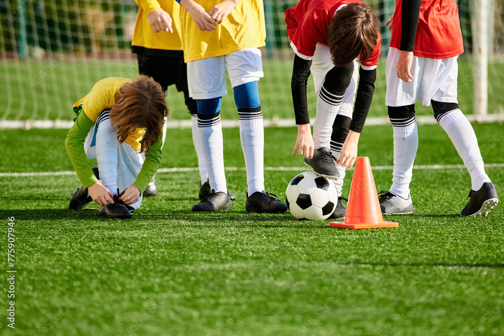 Wall mural A diverse group of young children, filled with excitement and anticipation, stands around a soccer ball, chatting and laughing as they plan their next game.