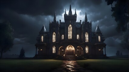 scare Gothic style castle shrouded in darkness - obrazy, fototapety, plakaty