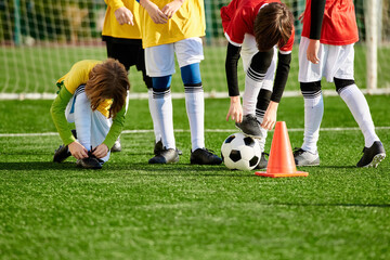 A diverse group of young children, filled with excitement and anticipation, stands around a soccer ball, chatting and laughing as they plan their next game. - Powered by Adobe