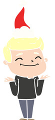 happy hand drawn flat color illustration of a man shrugging wearing santa hat