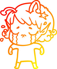 warm gradient line drawing of a cartoon crying alien girl
