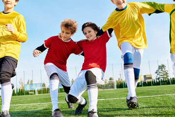 A group of young children in colorful jerseys are running, kicking, and passing a soccer ball on a grassy field under the bright sun. - obrazy, fototapety, plakaty