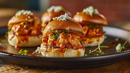 Tender BBQ Chicken Sliders with Blue Cheese and Crispy Fries on a Gourmet Plate
