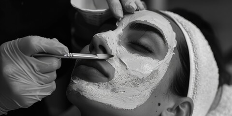 A woman receiving a facial mask treatment at a beauty salon. Ideal for beauty and skincare industry
