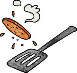 hand drawn textured cartoon doodle of a burger being flipped