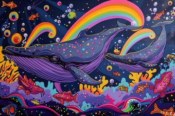 enchanted whales with rainbows in a starry underwater dreamscape