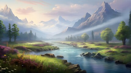 Panoramic view of the mountains and the river in the morning.