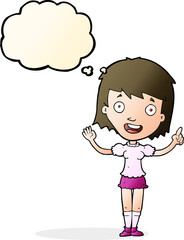 cartoon woman pointing with thought bubble