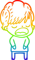rainbow gradient line drawing of a cartoon woman talking