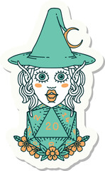 sticker of a elf mage character with natural twenty dice roll