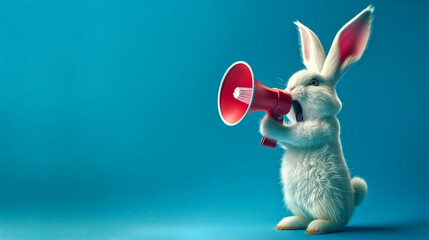 A crazy, cute easter bunny with a megaphone. Promotion, action,
