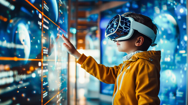 Child in a yellow jacket exploring virtual reality, touching futuristic interface with awe in a visually stimulating environment.