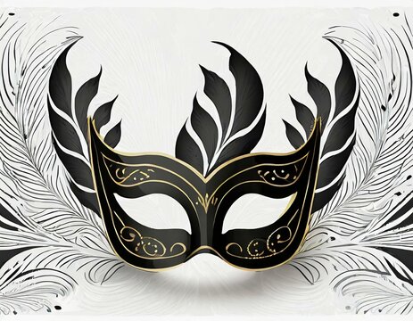 Carnival mask icon black silhouette isolated on white background. Mask with feathers pic