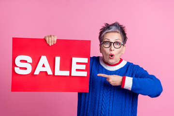 Photo of cheerful charming woman promoter wear blue stylish clothes presents sale offer hold...