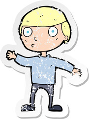 retro distressed sticker of a cartoon waving man