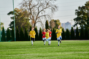 A group of young boys energetically playing a game of soccer on a grassy field, kicking the ball...