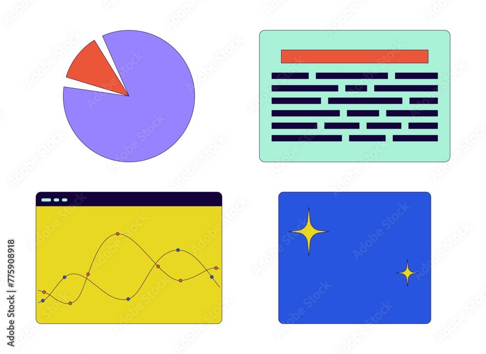 Poster infographic web pages 2d linear cartoon objects set. pie chart, text display, graph trends webpage i