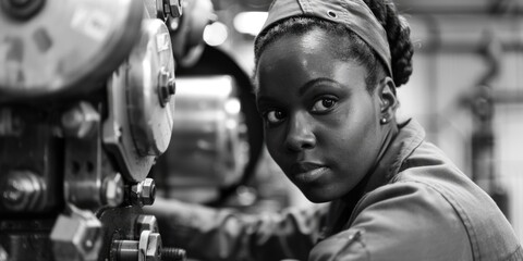 Black and white photo of a woman operating a machine. Suitable for industrial concepts