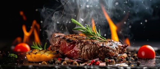 Close up of a steak sizzling on a barbecue with flames - obrazy, fototapety, plakaty