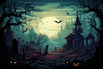 In a haunted graveyard, ghostly apparitions wander among pumpkins and bats under a moonlit sky. The eerie atmosphere is set by the creepy decorations and dim lighting - obrazy, fototapety, plakaty