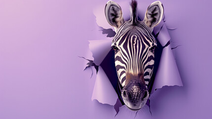A zebra is peeking out of a hole in a purple background. The zebra's eyes are open. cute zebra that...