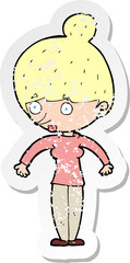 retro distressed sticker of a cartoon woman staring
