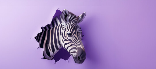 Fototapeta na wymiar A zebra is peeking out of a hole in a purple background. The zebra's eyes are open. cute zebra that punched a hole in the paper and is trying to get out through vivid purple paper wallpape