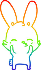 rainbow gradient line drawing of a curious waving bunny cartoon