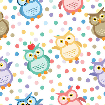 Cute colorful owls vector pattern. Different colors and positions of owls seamless pattern. Textile fabric wallpaper prints. Pink blue purple green yellow and brown colors owls illustrations. 
