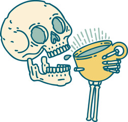 iconic tattoo style image of a skull drinking coffee