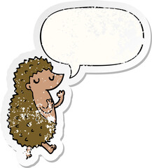 cartoon hedgehog with speech bubble distressed distressed old sticker