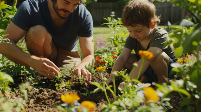 A blurred image of a father and child as they engage in gardening activities among flowers