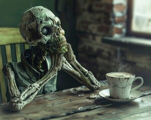 Zombie sitting at a cafe table, staring blankly at a cup of spoiled, curdled milk - obrazy, fototapety, plakaty