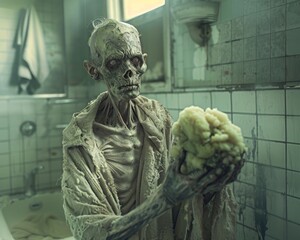 Zombie wearing a frayed bathrobe, holding a moldy loofah in a grimy bathroom