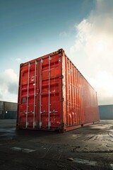 A red container placed on a parking lot, suitable for industrial and transportation themes