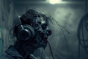 Zombie wearing tattered headphones, with one earpiece dangling, amidst a backdrop of dim light - obrazy, fototapety, plakaty