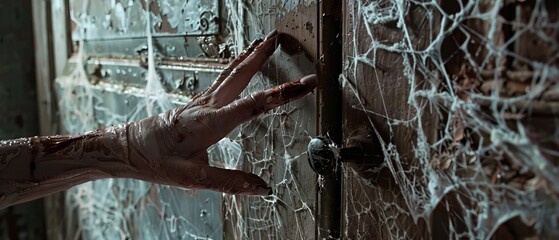 Zombie's hand reaching for a rusty doorknob in a dilapidated, cobweb-covered room - obrazy, fototapety, plakaty